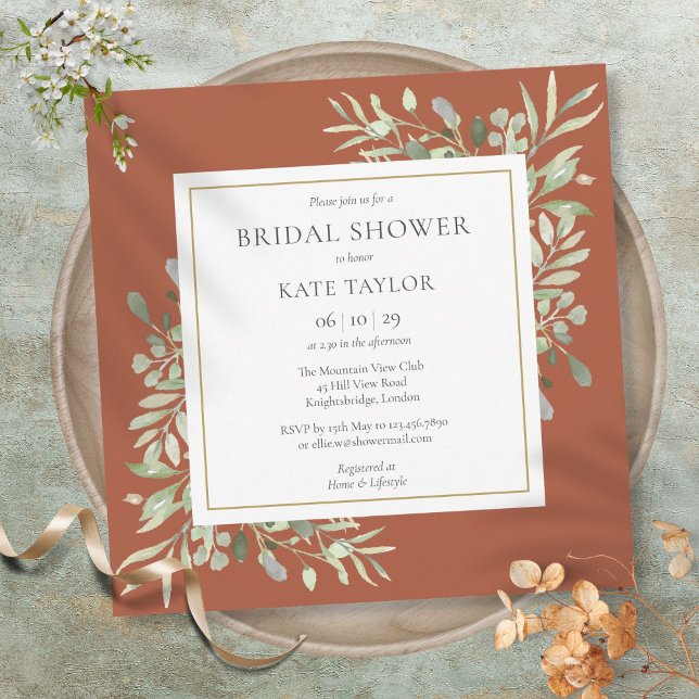 Invitation Élégante verdure en terre cuite pour mariage et do (Elegant Terracotta Greenery Wedding Bridal Shower Invitation)