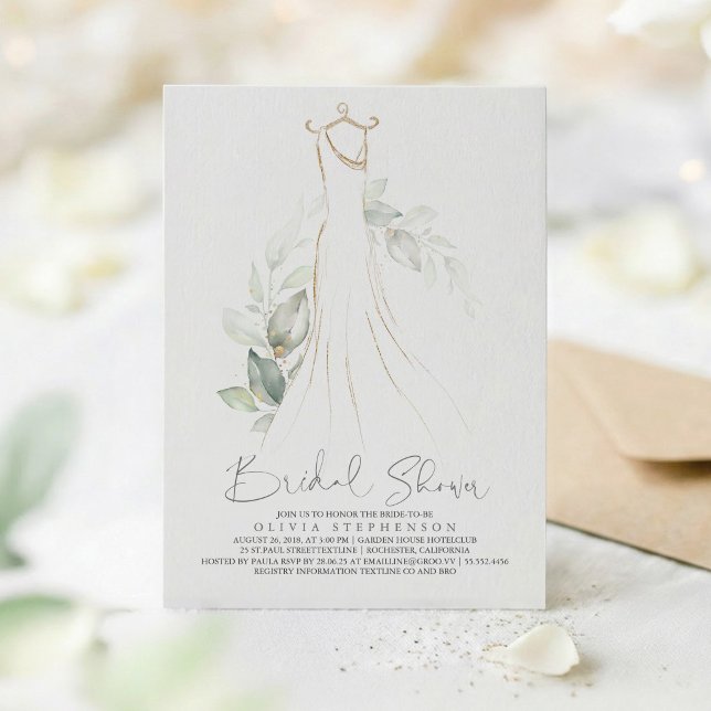 Invitation Élégante verdure et robe de mariée : Baby shower (Greenery Dress Bridal Shower Invitations)