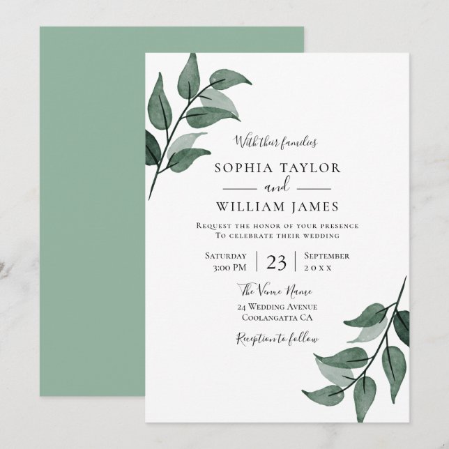 Invitation Elégante verdure Feuille Mariage de printemps (Devant / Derrière)