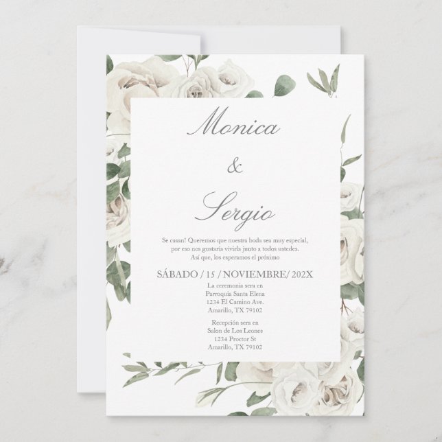 Invitation Elégante verdure/fleur blanche Mariage espagnol (Devant)