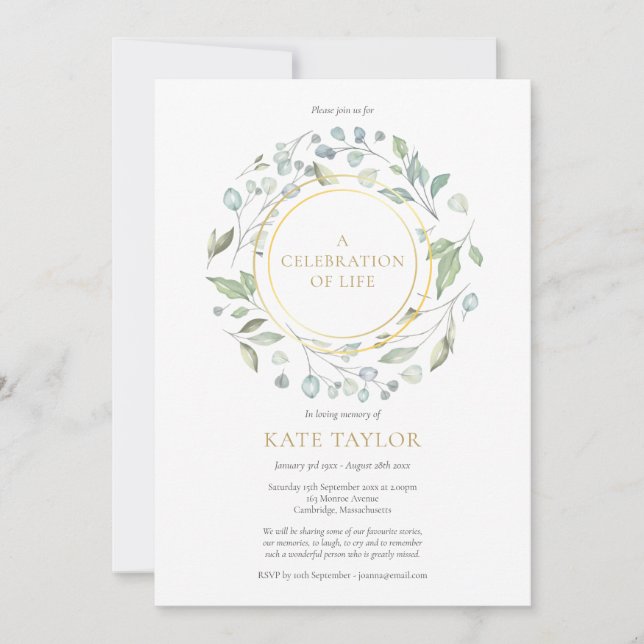 Invitation Élégante verdure Garland Gold Célébration de la vi (Devant)