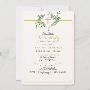 Invitation Élégante verdure Gold Première communion