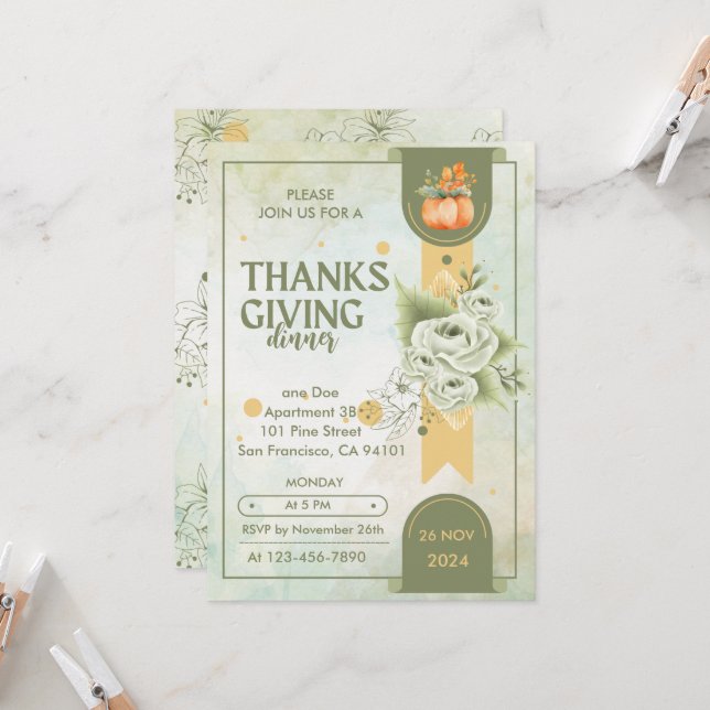 Invitation élégante verdure grainksgiving Rustic Dîner (Devant/Arrière en situation)
