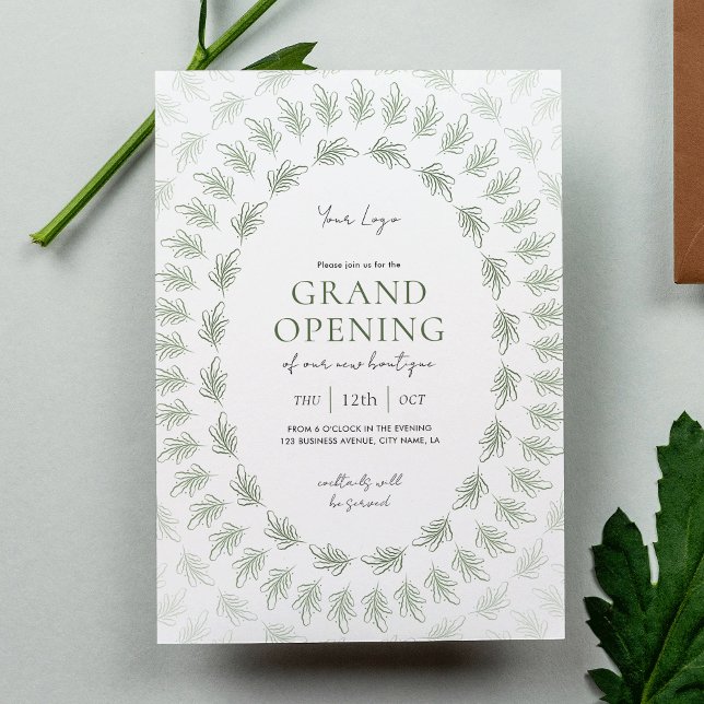 Invitation Élégante verdure Grand ouverture Logo d'affaires (Elegant greenery business grand opening invitation design with fully editable text)