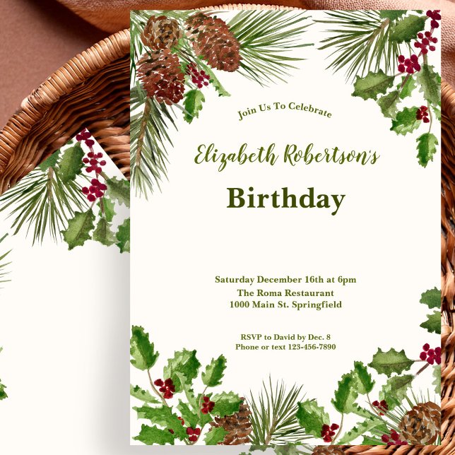 Invitation Élégante verdure hivernale sans année anniversaire (Créateur téléchargé)
