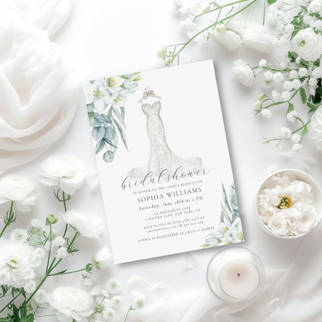 Invitation Elégante verdure Mariage robe Fête des mariées Inv (This elegant bridal shower invite features a stunning, hand drawn wedding gown and white florals)