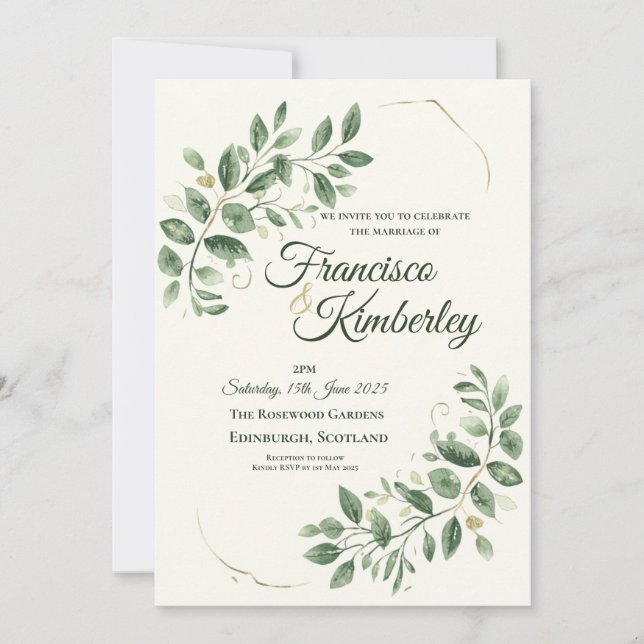 Invitation Élégante verdure or botanique script personnalisé (Devant)