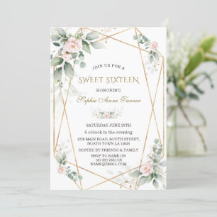 Invitation Élégante verdure rose Floral Sweet sixteen or