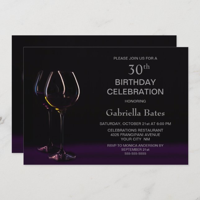 Invitation Elégante Verre à Vins 30e fête d'anniversaire (Devant / Derrière)