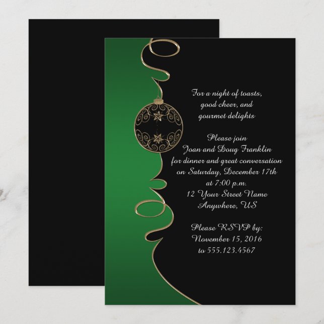 Invitation Élégante Verte En Or Tourbillons Noir Noël (Devant / Derrière)