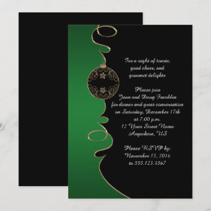 Invitation Élégante Verte En Or Tourbillons Noir Noël