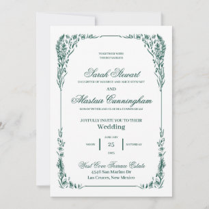 Invitation Élégante Verte et Ivoire Dessinée à la