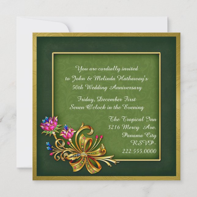 Invitation élégante verte et or pour le 50e annive (Devant)