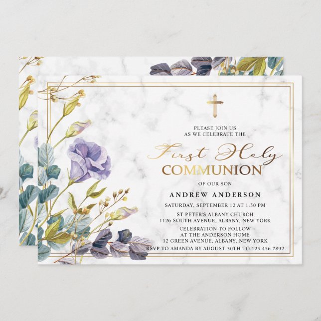 Invitation Élégante Vintage Florale  Première Communion Saint (Devant / Derrière)