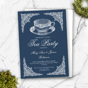 Invitation Elégante Vintage Tea Party Navy Bleu