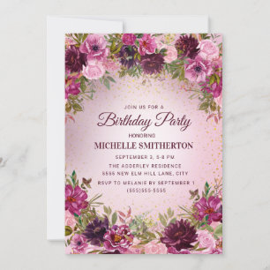 Invitation Elégante Vintage violet rose  Floral Roses Parties