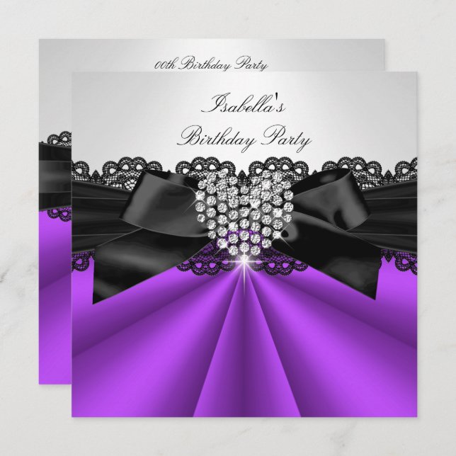 Invitation Elégante violet noir noir Diamant Blanc fête d'ann (Devant / Derrière)
