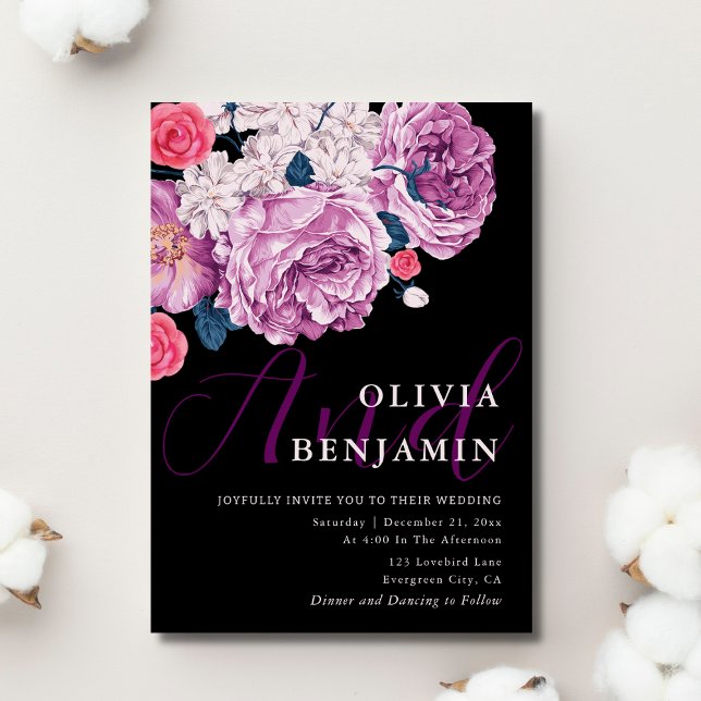 Invitation Élégante violet Rose calligraphie Mariage noir (Elegant Violet Rose Calligraphy Black Wedding Invitation)