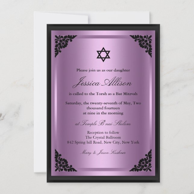 Invitation élégante violette et noire pour Bat Mit (Devant)