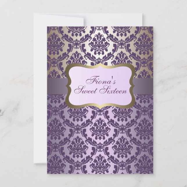 Invitation élégante violette et or en damas pour a (Devant)