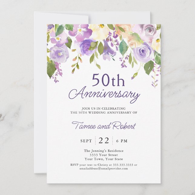 Invitation élégante violette pour 50 ans de mariag (Devant)
