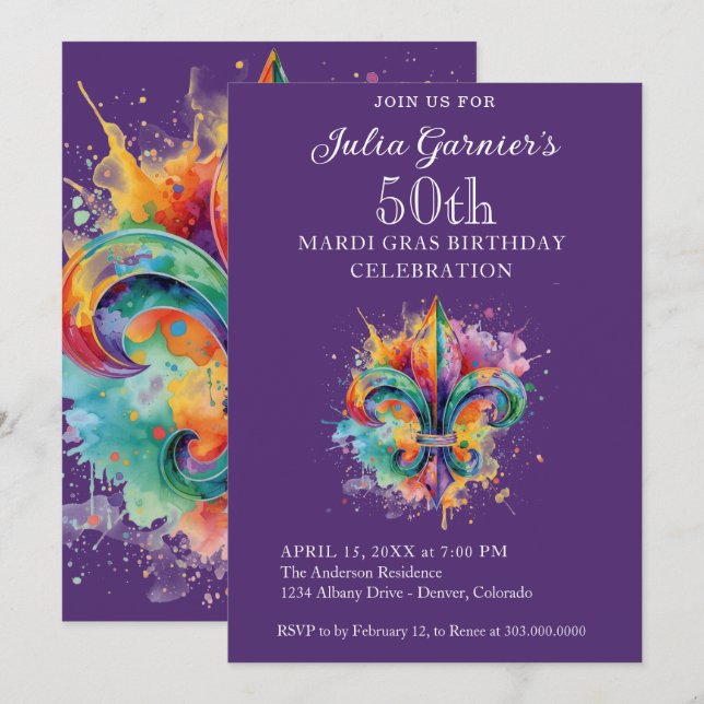 Invitation élégante violette pour 50e anniversaire (Devant / Derrière)