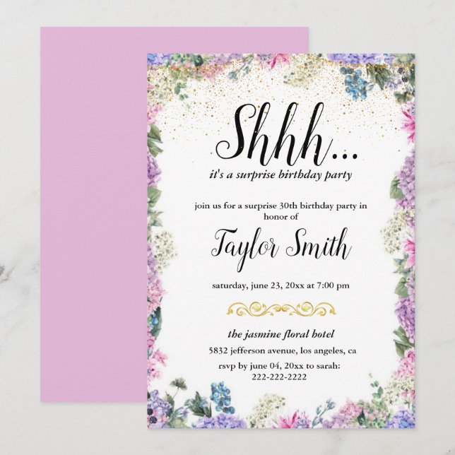Invitation élégante violette pour une fête surpris (Devant / Derrière)