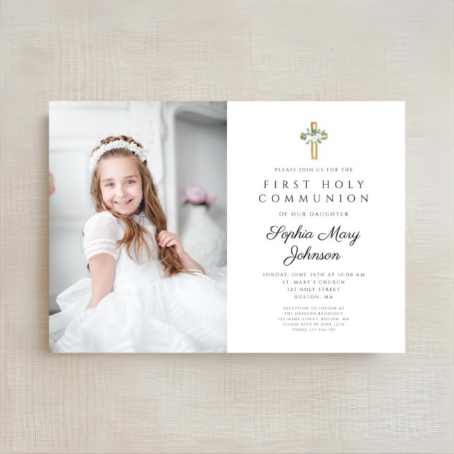 Invitation Élégante White Floral Girl First Communion Photo (Elegant White Floral Girl First Communion Photo Invitation)