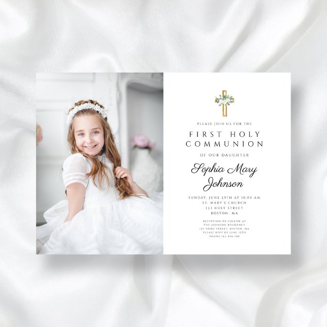 Invitation Élégante White Floral Girl First Communion Photo (Elegant White Floral Girl First Communion Photo Invitation)