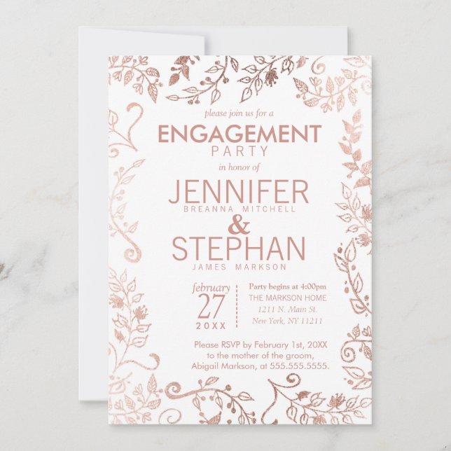 Invitation Elégante White Rose Gold Floral Engagement Party (Devant)