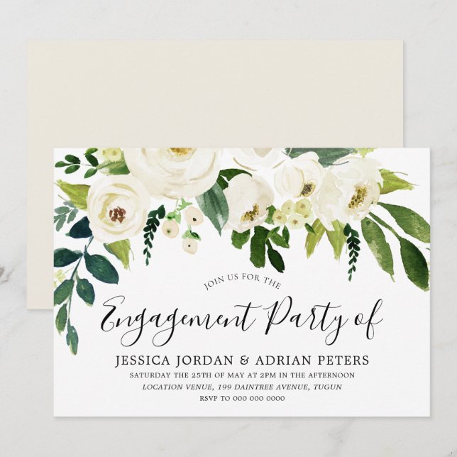 Invitation Elégante White Roses Modern Engagement Party (Devant / Derrière)