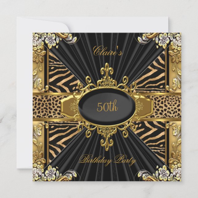 Invitation Elégante Zebra Gold Leopard 50e fête d'anniversair (Devant)