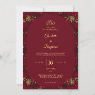 Invitation Élégantes Bagues Royales en Or Burgundy Mariage