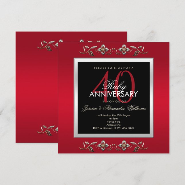 Invitation Elegantes Bijoux Rubis 40e Anniversaire de Mariage (Devant / Derrière)