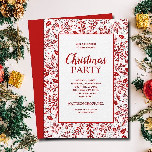 Invitation Élégantes Botaniques Rouges pour la Fête de Noël (Elegant red botanicals Christmas party invitations, PRINTED and/or INSTANT DOWNLOAD)