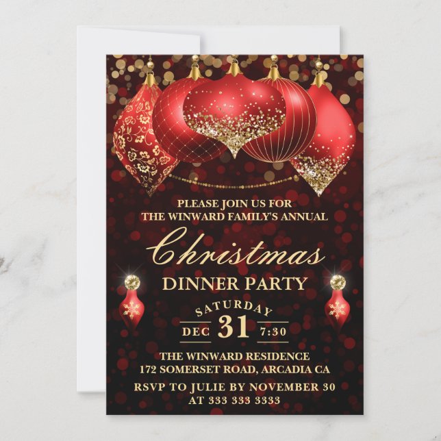 Invitation Élégantes boules rouges et dorées pour la fête de  (Devant)