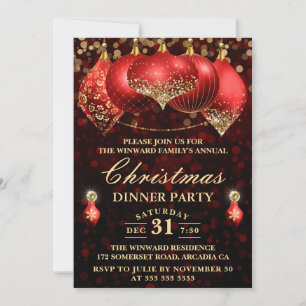 Invitation Élégantes boules rouges et dorées pour la fête de