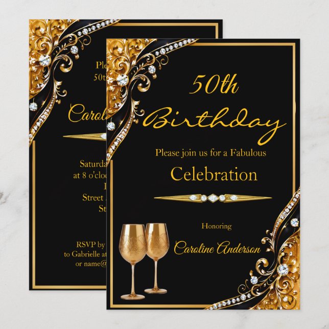 Invitation Élégantes coupes de fête d'anniversaire 50 ans or  (Devant / Derrière)