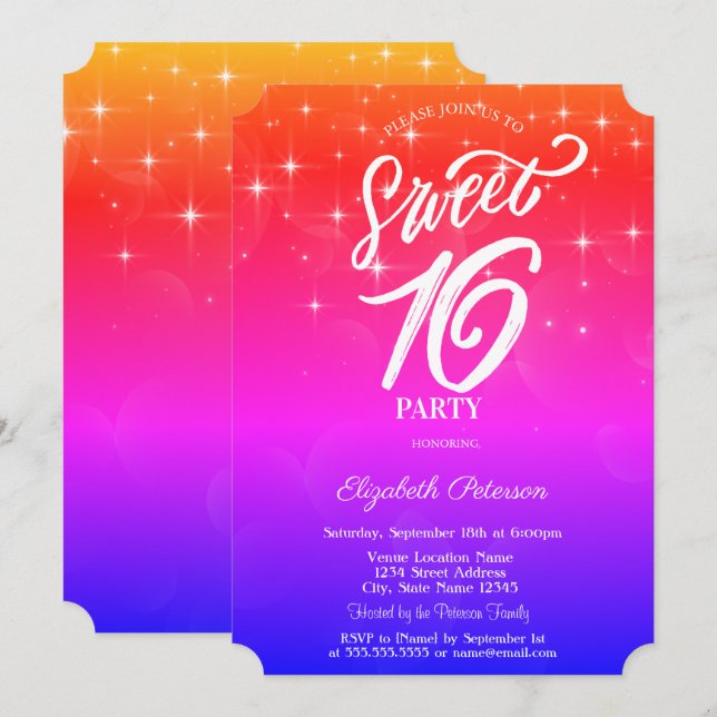 Invitation Élégantes Étoiles Ombre Sweet 16 (Devant / Derrière)