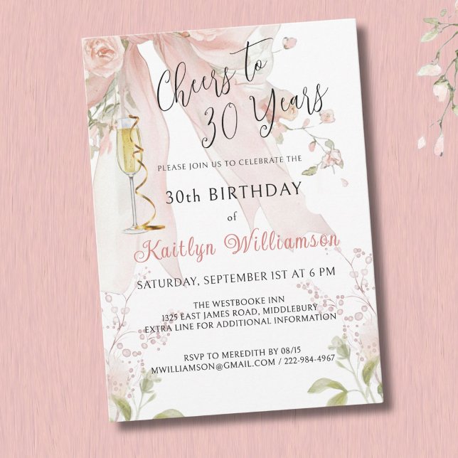 Invitation *Élégantes Félicitations pour 30 Ans Ruban Rose Fl (Créateur téléchargé)