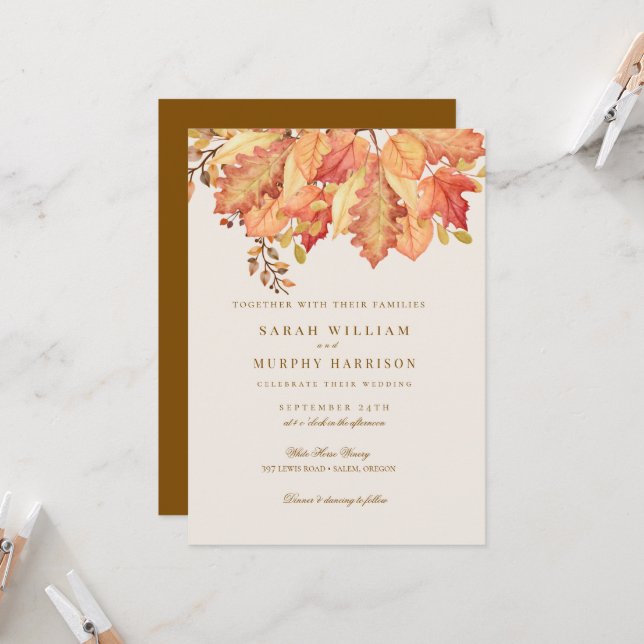 Invitation Élégantes feuilles d'aquarelle d'automne Mariage d (Devant/Arrière en situation)
