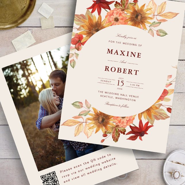 Invitation Élégantes Feuilles d'Automne Mariage Photo QR Code (Fall leaves photo wedding invitation adds autumn warmth with a personalized QR code.)