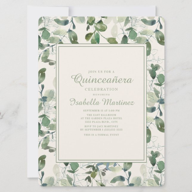 Invitation Élégantes feuilles de eucalyptus vert pour Quincea (Devant)