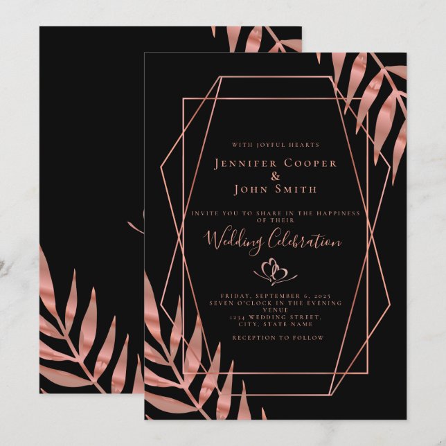 Invitation Élégantes feuilles de rose en or noir mariage  (Devant / Derrière)
