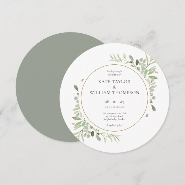Invitation Élégantes feuilles de verdure mariage circulaire (Devant / Derrière)