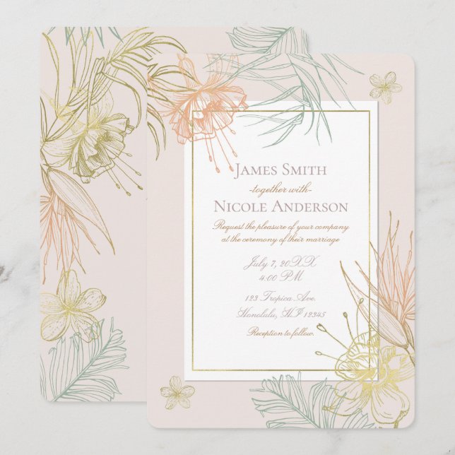 Invitation Élégantes Feuilles Florales Botaniques Tropicales  (Devant / Derrière)