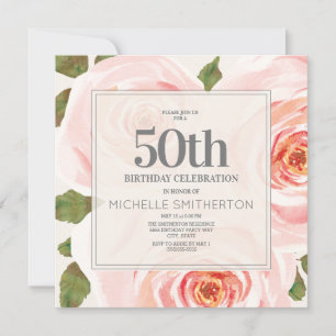 Invitation Élégantes feuilles florales roses 50e anniversaire