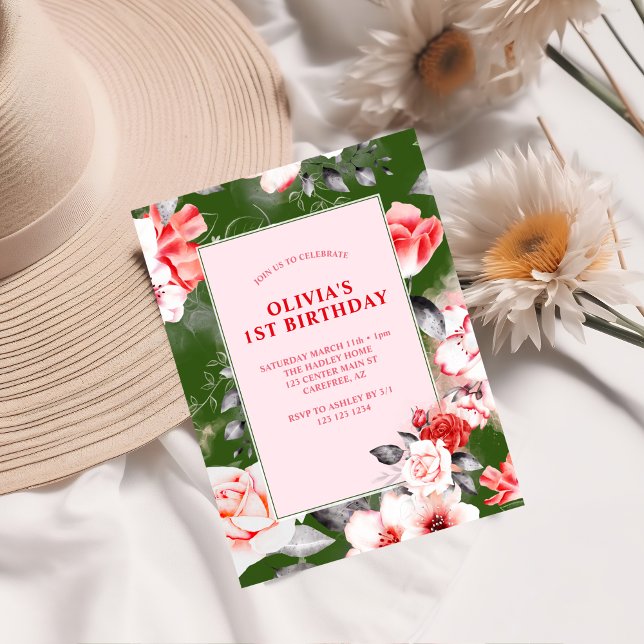 Invitation Élégantes Filles Florales 1er anniversaire (Créateur téléchargé)