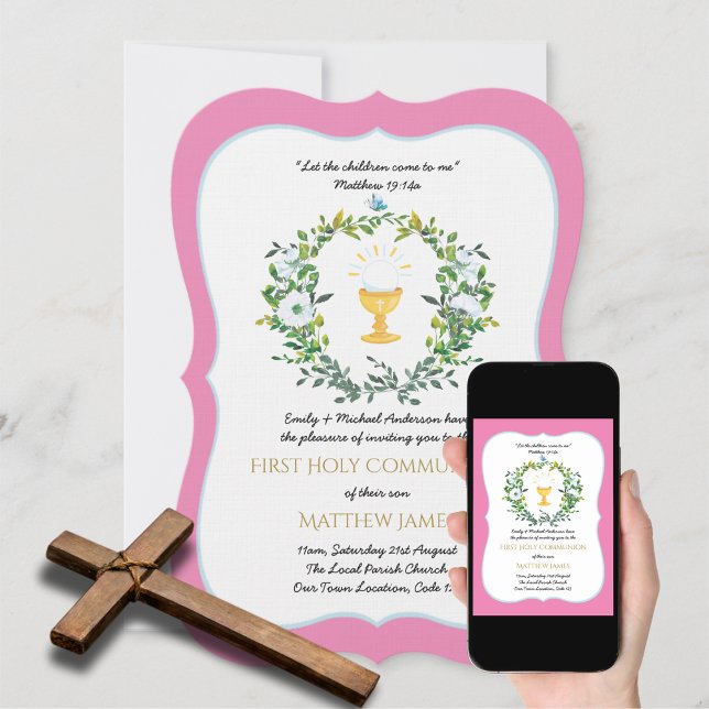 Invitation Élégantes Filles Florales Première Sainte Communio (Créateur téléchargé)