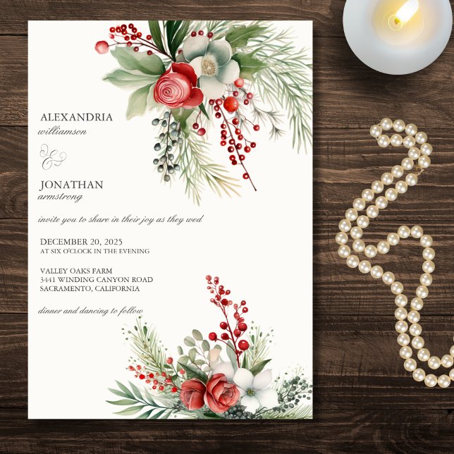 Invitation Élégantes Fleurs, Baies et Pins de Mariage d'Hiver (Créateur téléchargé)